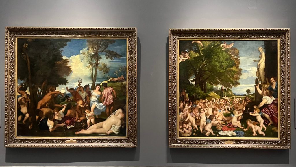 Mitología en el Prado. En este caso, "Bacanal de los Andrios" y "Ofrenda a Venus", ambos de Tiziano. Museo del Prado. The guides you need